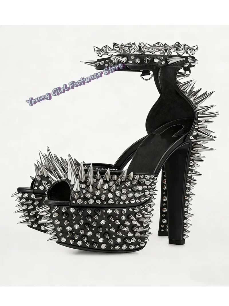 Black Rivet Decorated Spiked Platform Sandals for Women