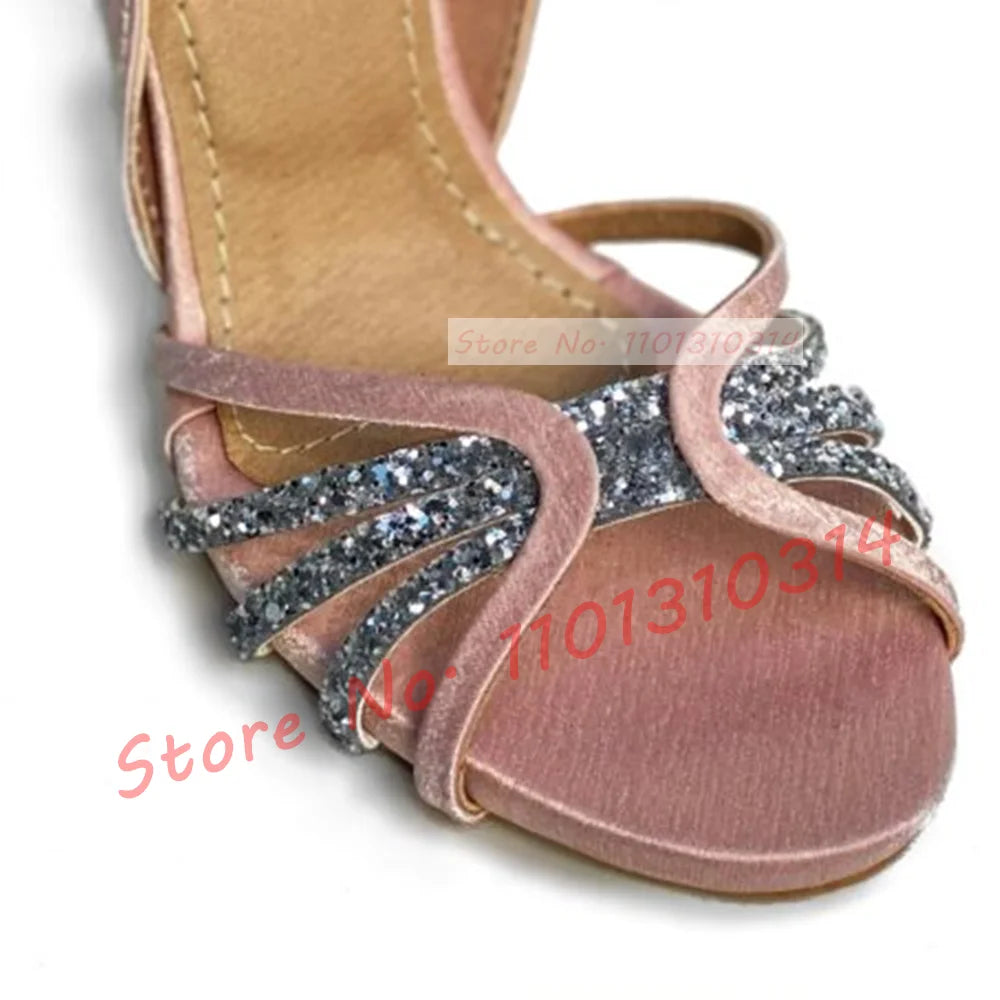 Fuchsia Suede Glitter Cross Strap Sandals for Women