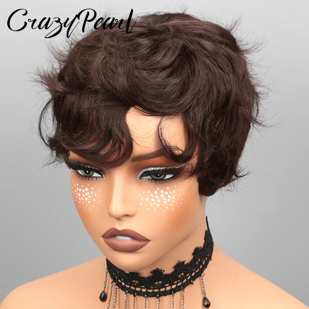 Dark Brown Short Pixie Lace Front Human Hair Wig for Women