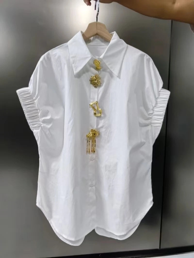 Removable Sequins Short Sleeve Blouse Black White for Women