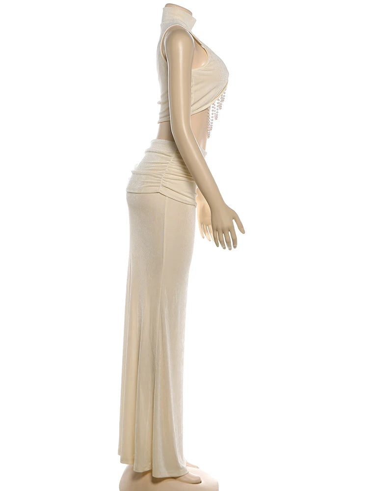 Nibber Prom Party 2 Piece Set Women Sexy Bead Patchwork Turtleneck Tank Top+Ruched Mesh Hem Skirts Chic Elegant Banquet Clubwear