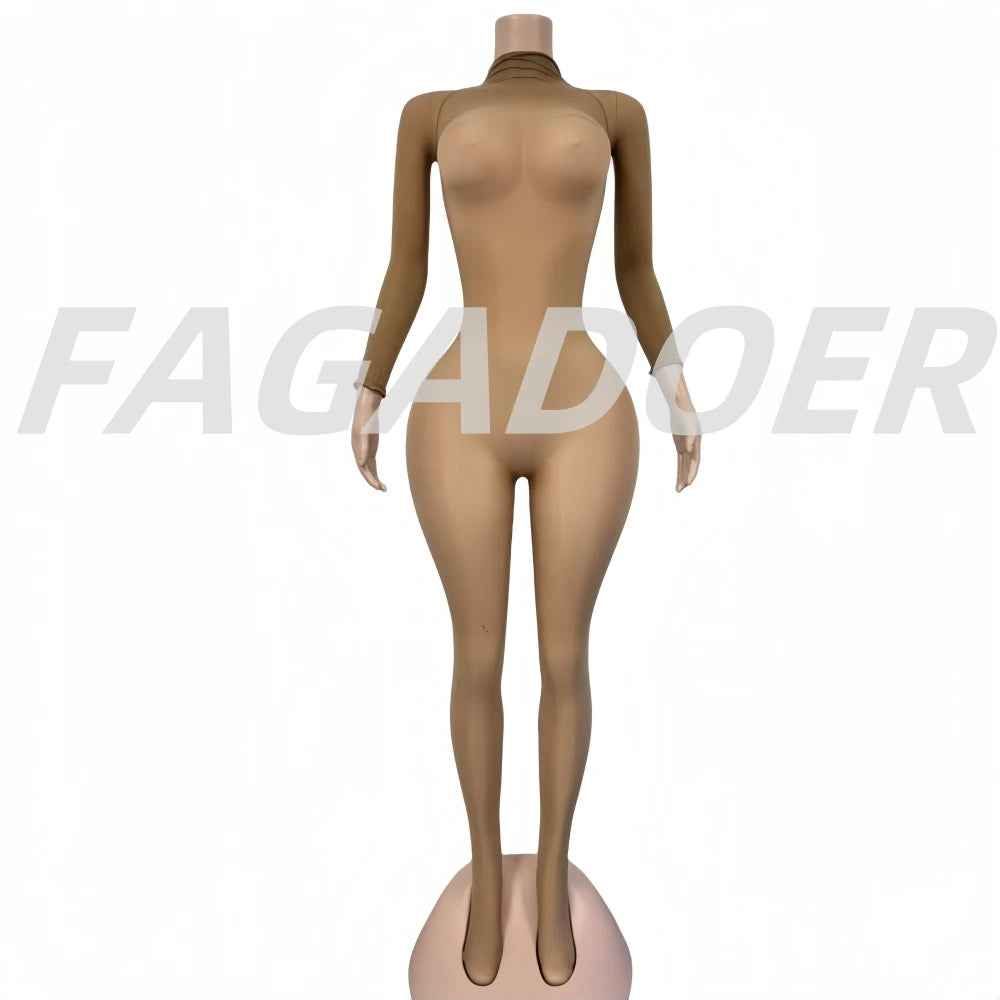 FAGADOER Summer New Sexy Mesh See Through Bodycon Jumpsuit Woman Long Sleeved Round Neck Rompers Female Party Club Overalls