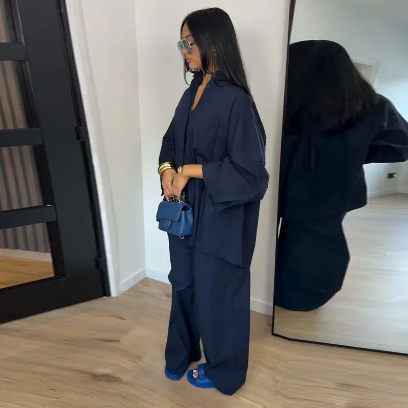 Casual Solid Shirt and Wide Leg Pants Set for Women