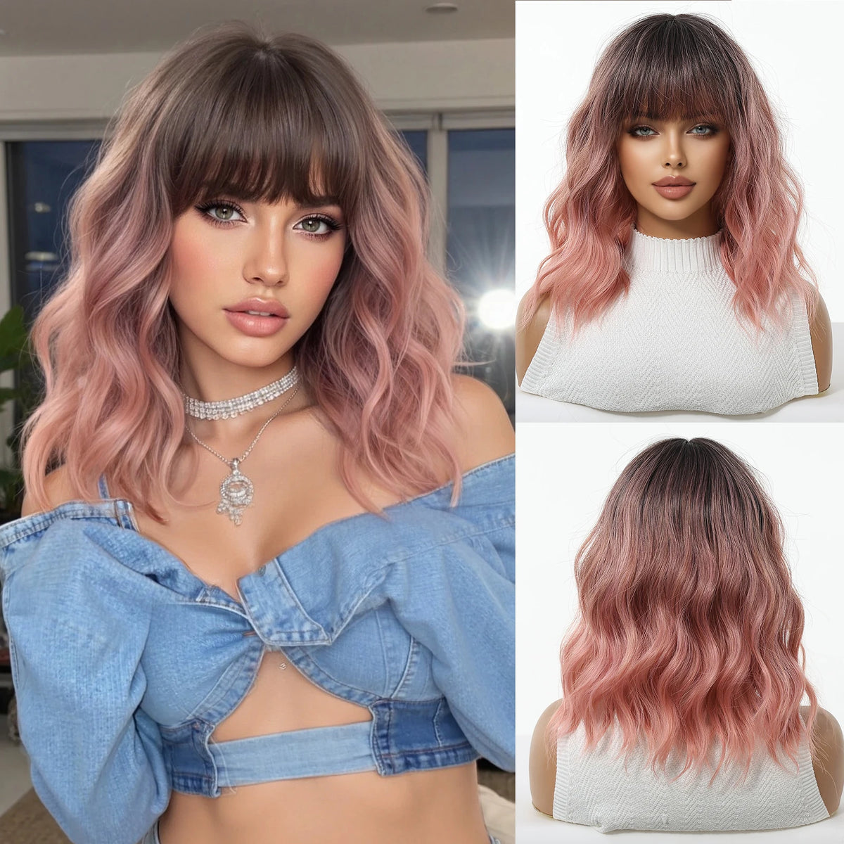 Medium Length Ombre Wavy Blonde Wig With Bangs for Women