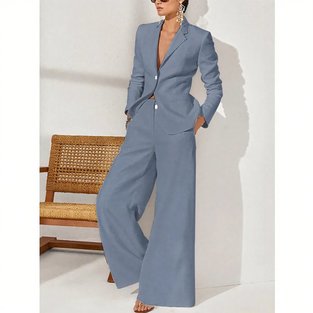 Summer Linen Women Pants Sets White Fashion Notch Lapel Single Breasted 2 Piece Elegant Chic Daily Casual Office Female Suit