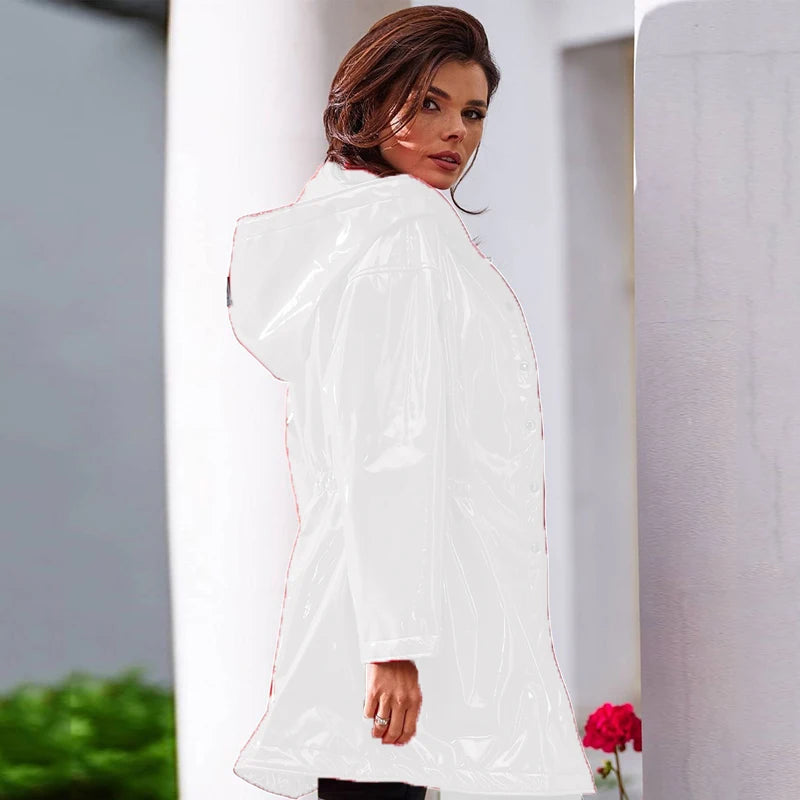 Women Casual Patent Leather Hooded Trench Loose Fashion PVC Long Coats Button Jackets Long Sleeve Plus Size PU Outwear Custom
