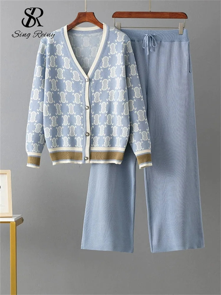 V-Neck Printed Knit Sweater and Pants Set for Women
