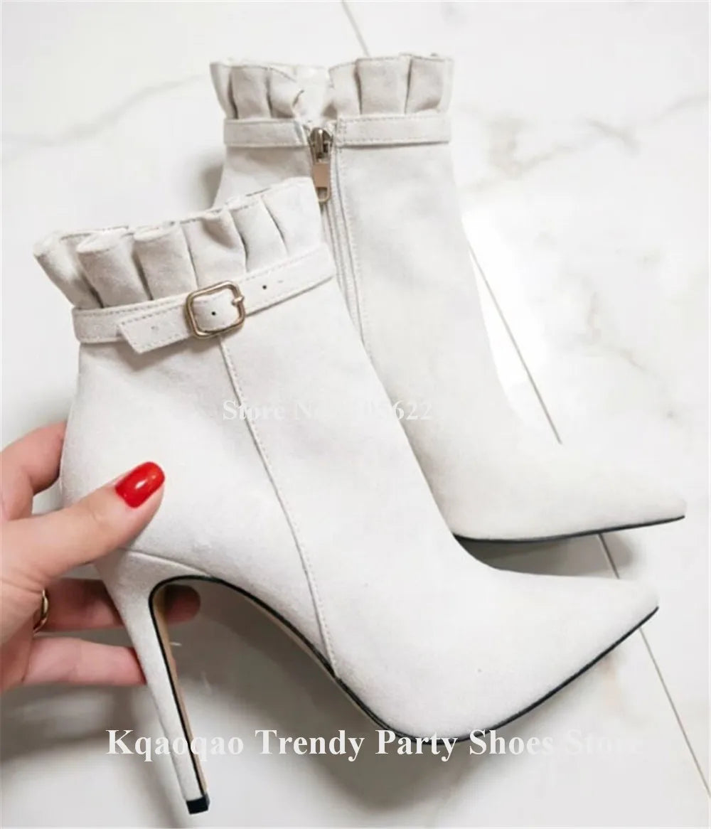Elegant Suede Ruffle Stiletto Ankle Boots for Women