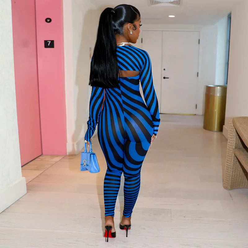 Striped Square Neck Backless Long Sleeve Jumpsuit for Women
