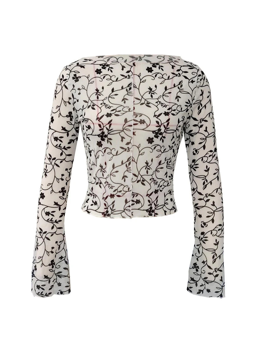 Women'S Sheer Mesh Top With Long Sleeves  Flared Sleeves Floral Print Slim Fit T-Shirt  Boat Neck Print Mesh Long Sleeved Shirt