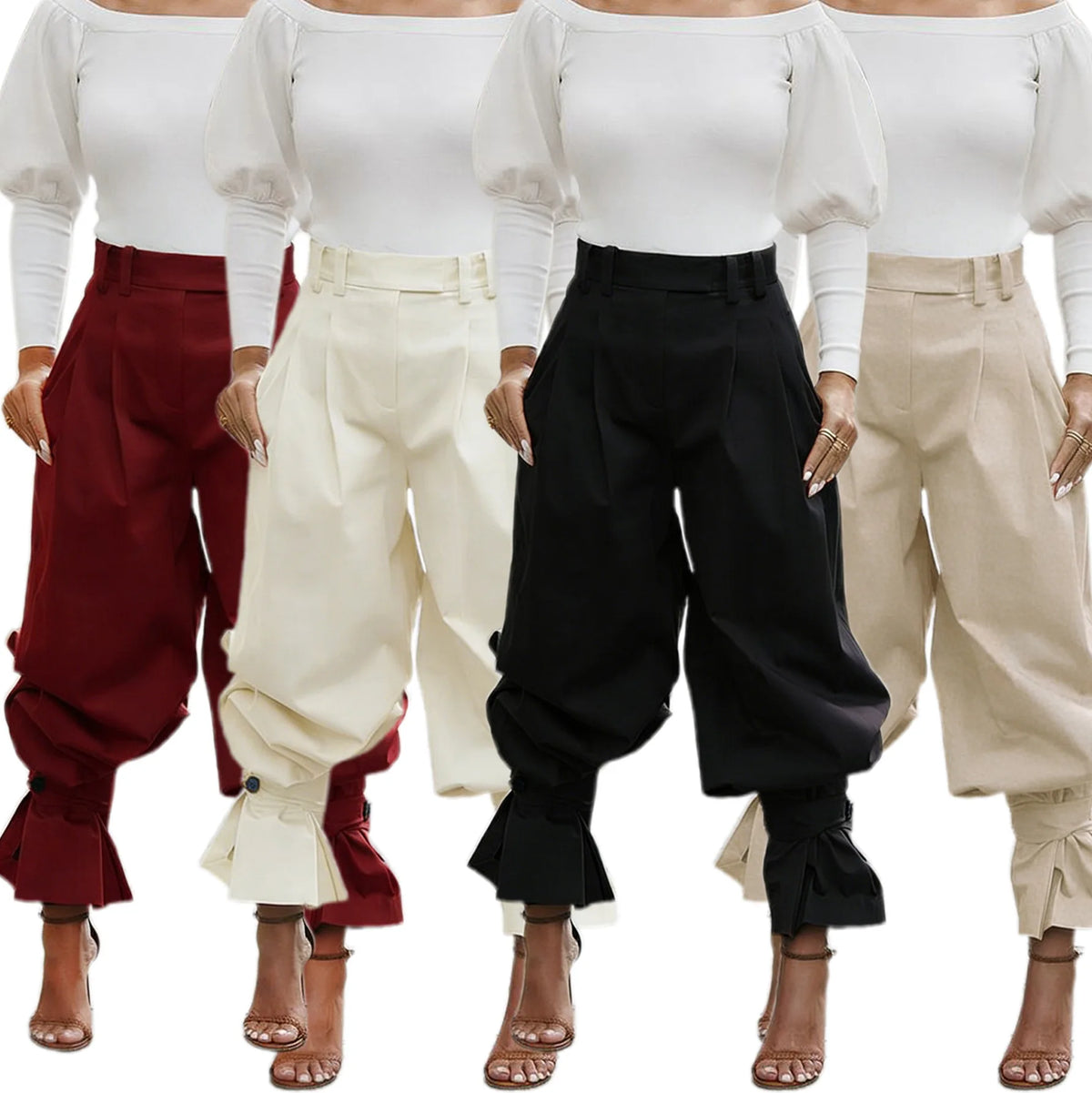 Ruched Stretch Wide Leg Casual Work Trousers for Women