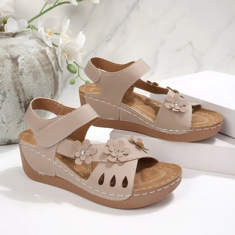 Modern Floral Buckle Wedge Sandals