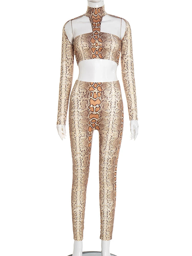 Snake Print Backless Crop Top and Leggings Two-Piece Set for Women