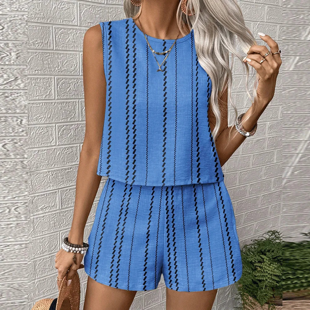 Vertical Striped Crop Top And Shorts Two Piece Set for Women