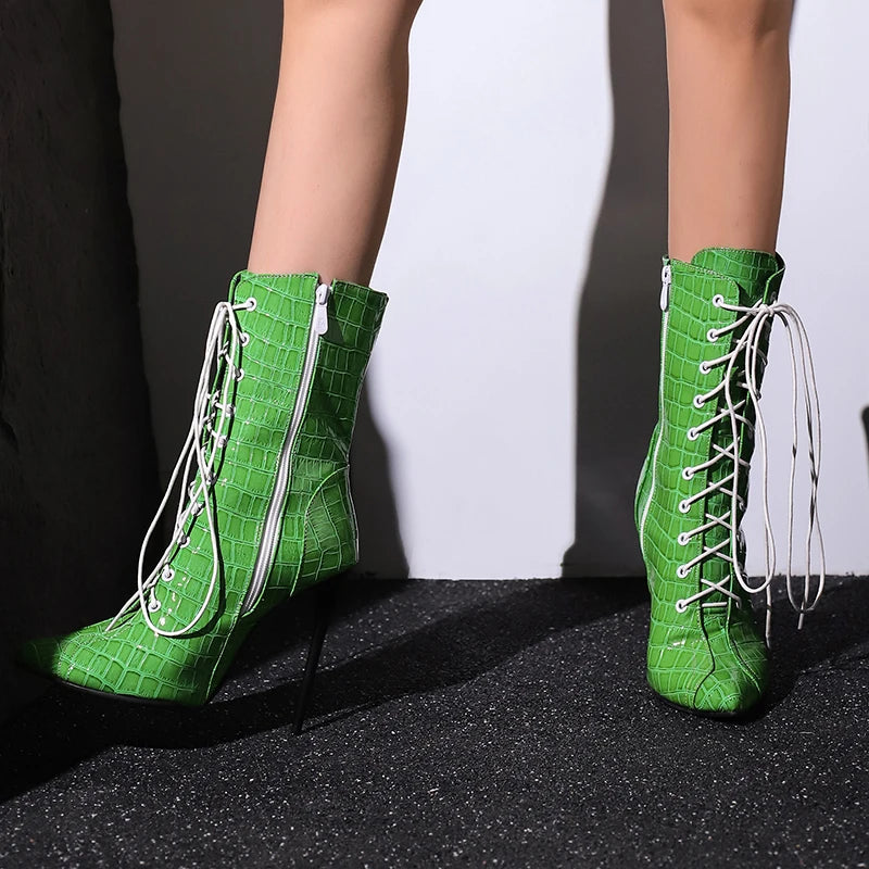 Alligator Pattern Lace Up Stiletto Ankle Boots for Women