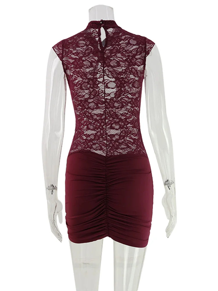 Lace Patchwork High Neck Bodycon Mini Dress for Women