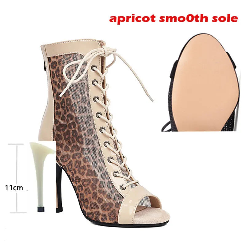 Leopard Print Latin Dance Heeled Ankle Boots for Women