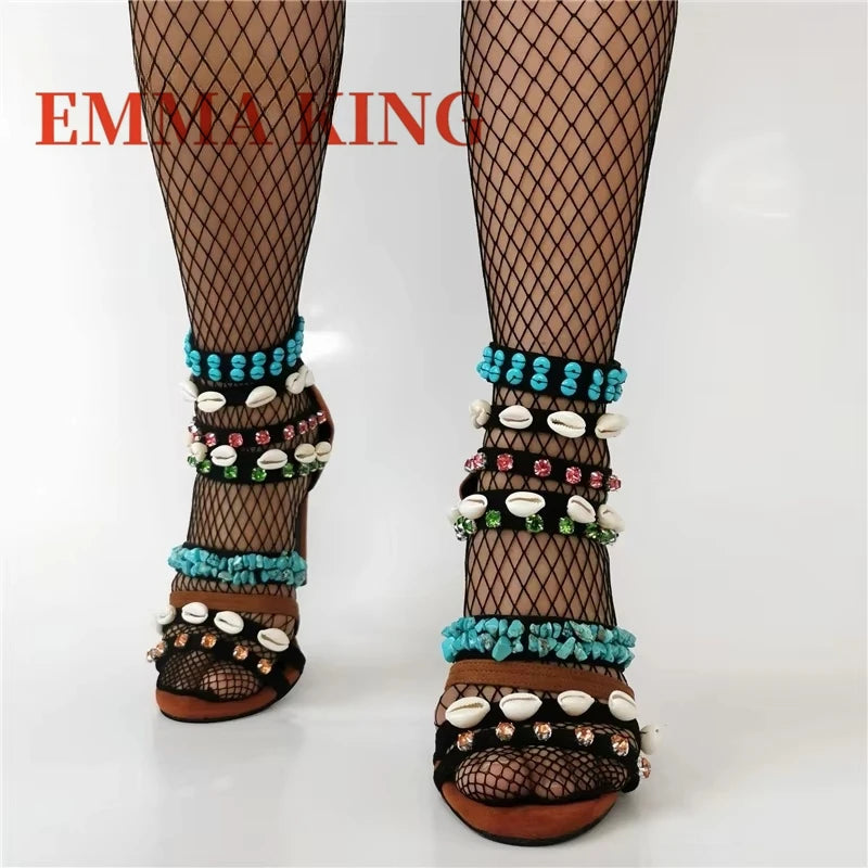 Crystal Shell Decor Stiletto Sandals for Women Party Footwear