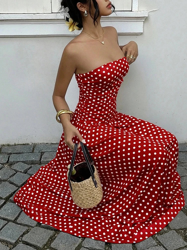 Polka Dot Backless Strapless Maxi Summer Dress for Women