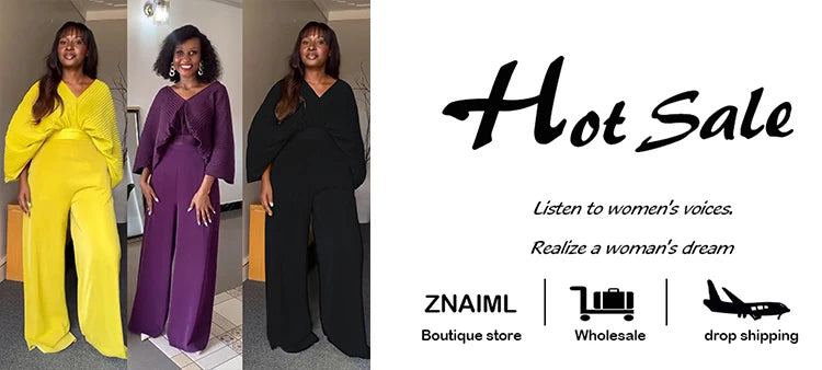 Znaiml Pleated Blouse V Neck Full Sleeve and Wide Leg Pants Women Loose 2 Pieces Sets Elegant Office Ladies African Outfits 2025