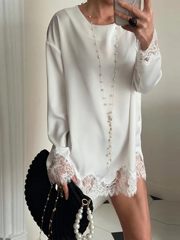 Elegant Lace Patchwork Loose Knee Length Dress for Women