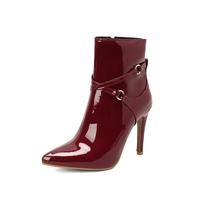 Glossy Patent Leather Pointed Toe Stiletto Ankle Boots for Women