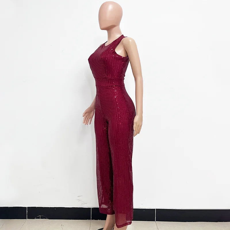 Elegant Silver Sequined Straight Cut Jumpsuit for Women