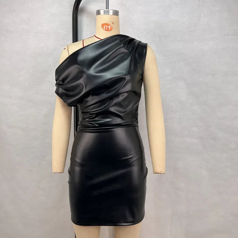 Elegant Inclined Shoulder Pu Leather Ruched Bodycon Mini Dress for Women