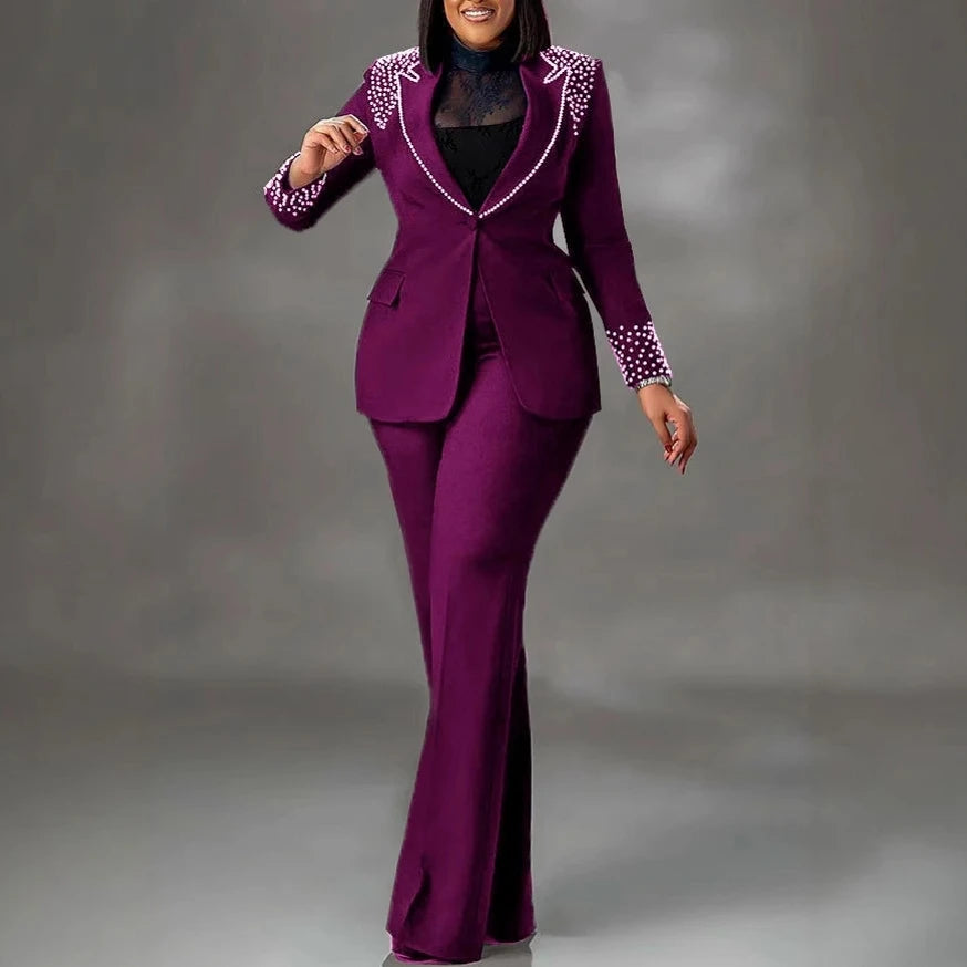 Elegant Slim Fit Pearl Blazer And Pants Set for Women