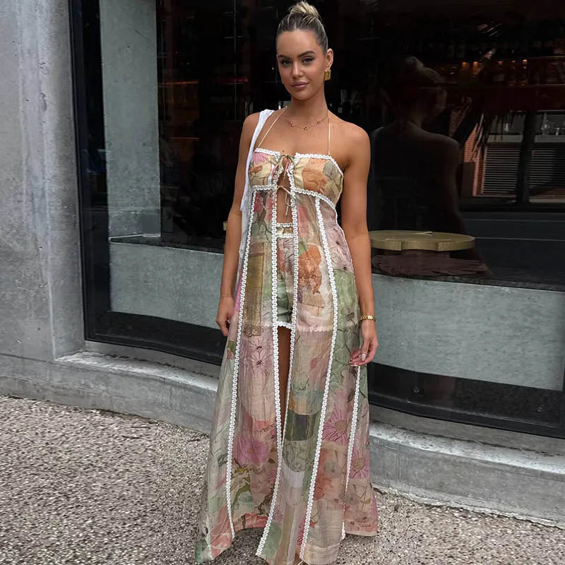 Long Printed Patchwork A-line Beaded Sleeveless Backless Dress for Women