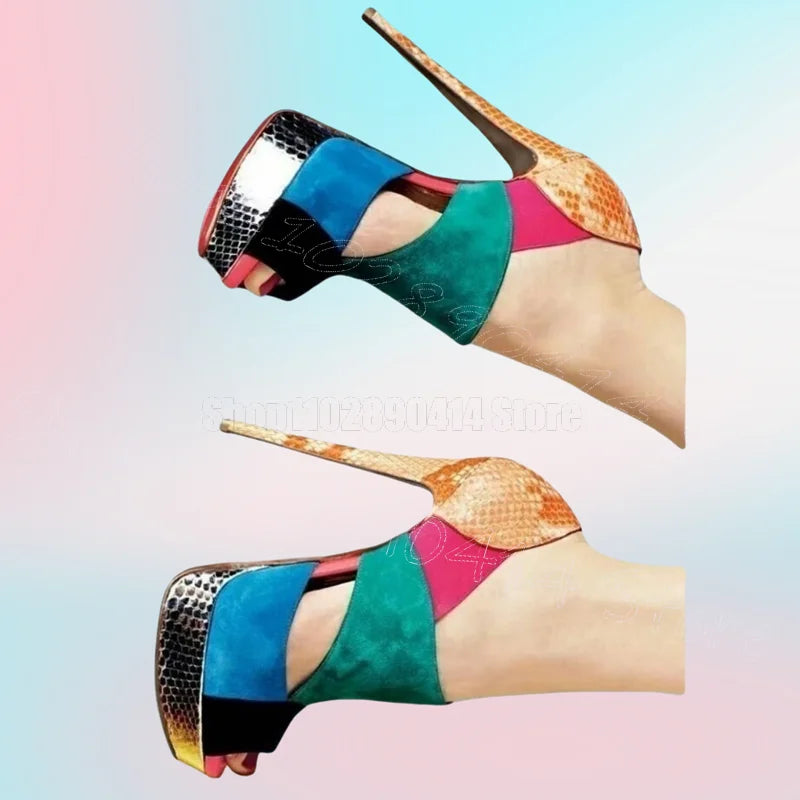 Colorful Patchwork Snakeskin Platform Sandals for Women