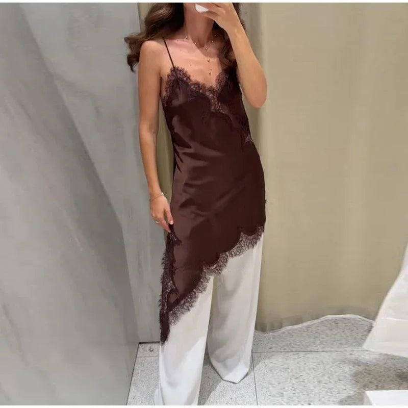 Brown Satin Lace Splicing Sling Dress Women Elegant Irregular Hem V Neck Backless Sleeveless Gown Chic Women Party Club Vestidos
