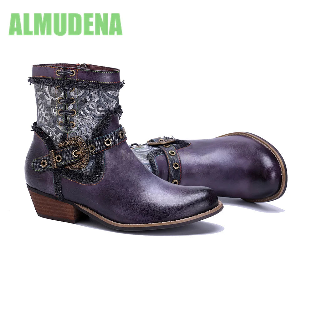 Vintage Western Short Boots With Square Heel And Belt Buckle For Women