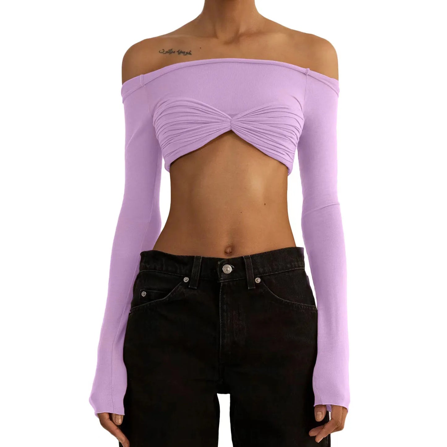 Cryptographic Elegant Front Ruched Cropped Top for Women Fashion Long Sleeve Off Shoulder Sexy Backless Sheer Knit Mini Top Slim