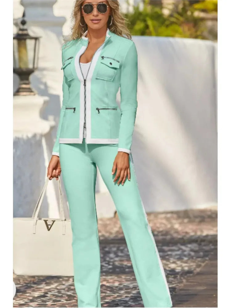 Casual Slim Fit Zipper Top And Sport Pants Set for Women