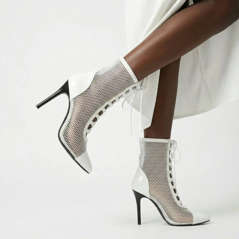 Breathable Mesh Pointy Toe Lace Up Thin Heel Ankle Boots for Women