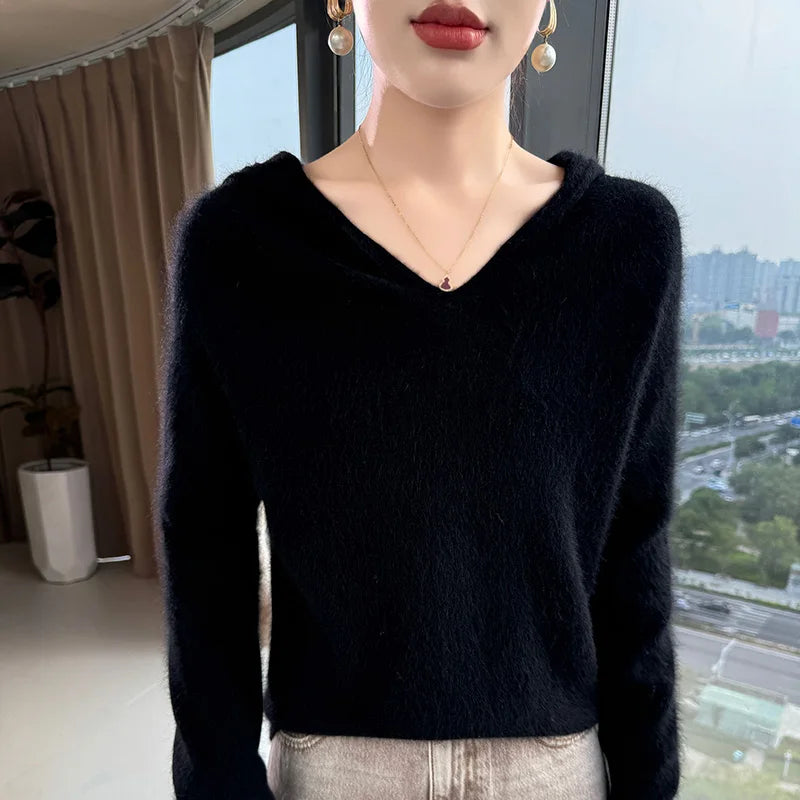 Loose Fit Thick Knit Hooded V-Neck Sweater for Women