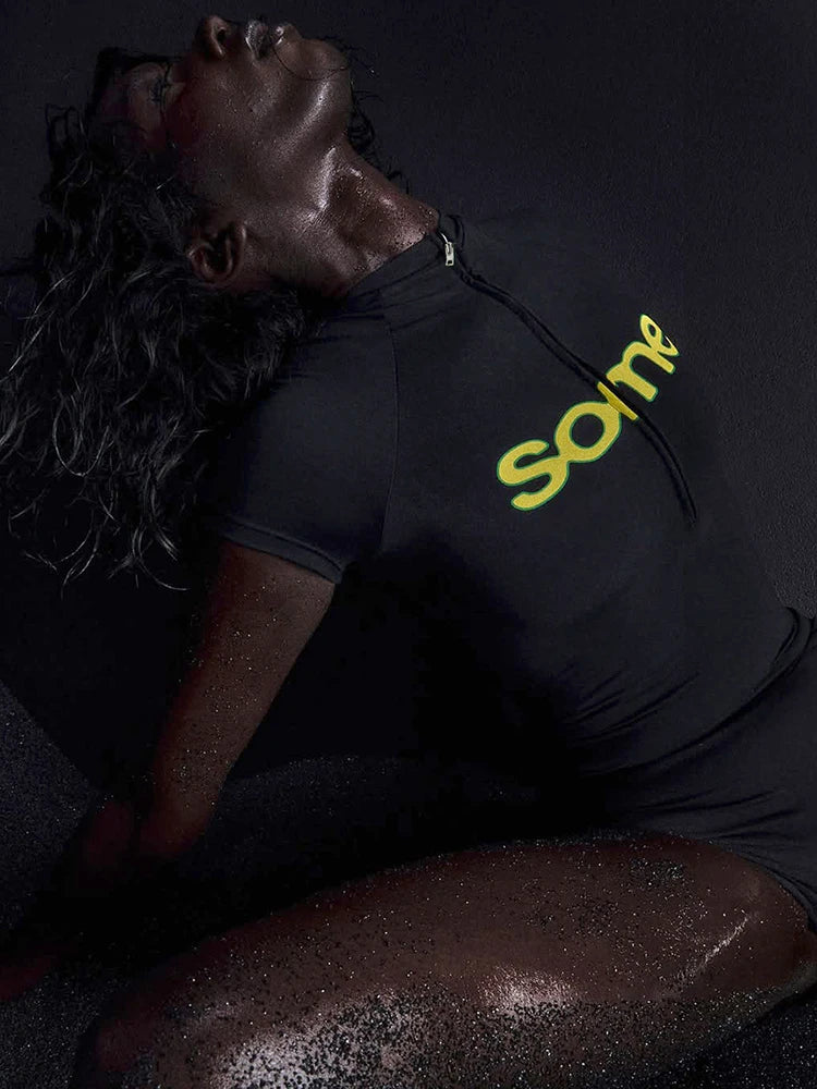 Cutenew Letter Print Sporty Women 2 Piece Set Summer Casual Short Sleeve Zip Up Tees+Solid Slim Shorts Female Daily Tracksuits