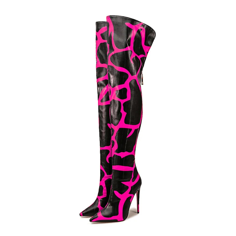 Giraffe Print Pointed Toe Over-The-Knee Boots for Women
