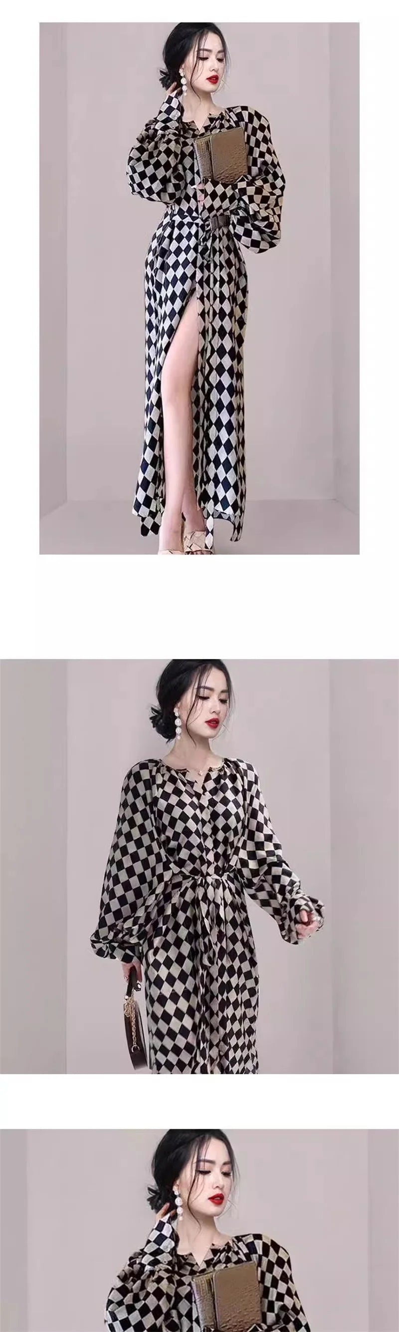 Lace Up Lantern Sleeve Plaid Dress