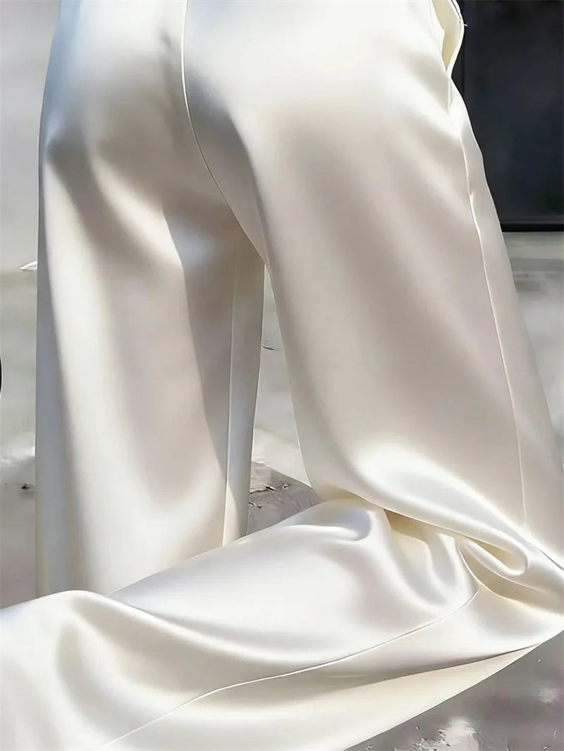 High Waist Solid Color Satin Wide Leg Trousers For Women
