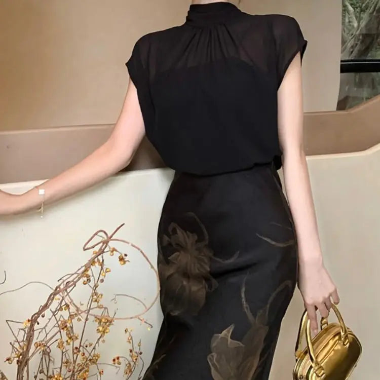 Chiffon Stand Collar Black Three Piece Set for Women