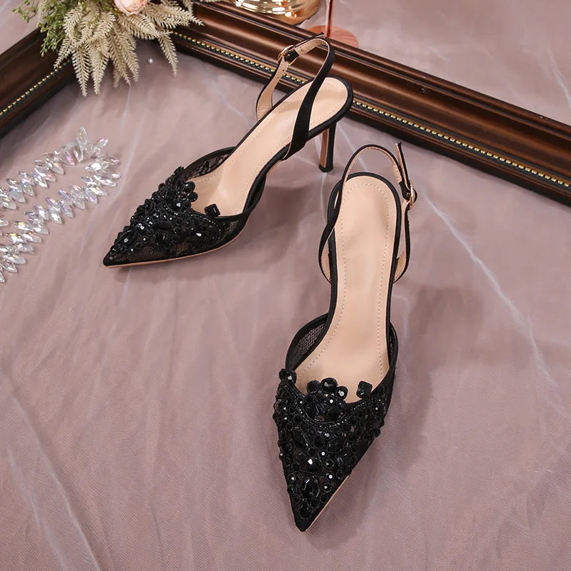 Lace Pearl Beaded Pointed Toe Stiletto Heels for Women