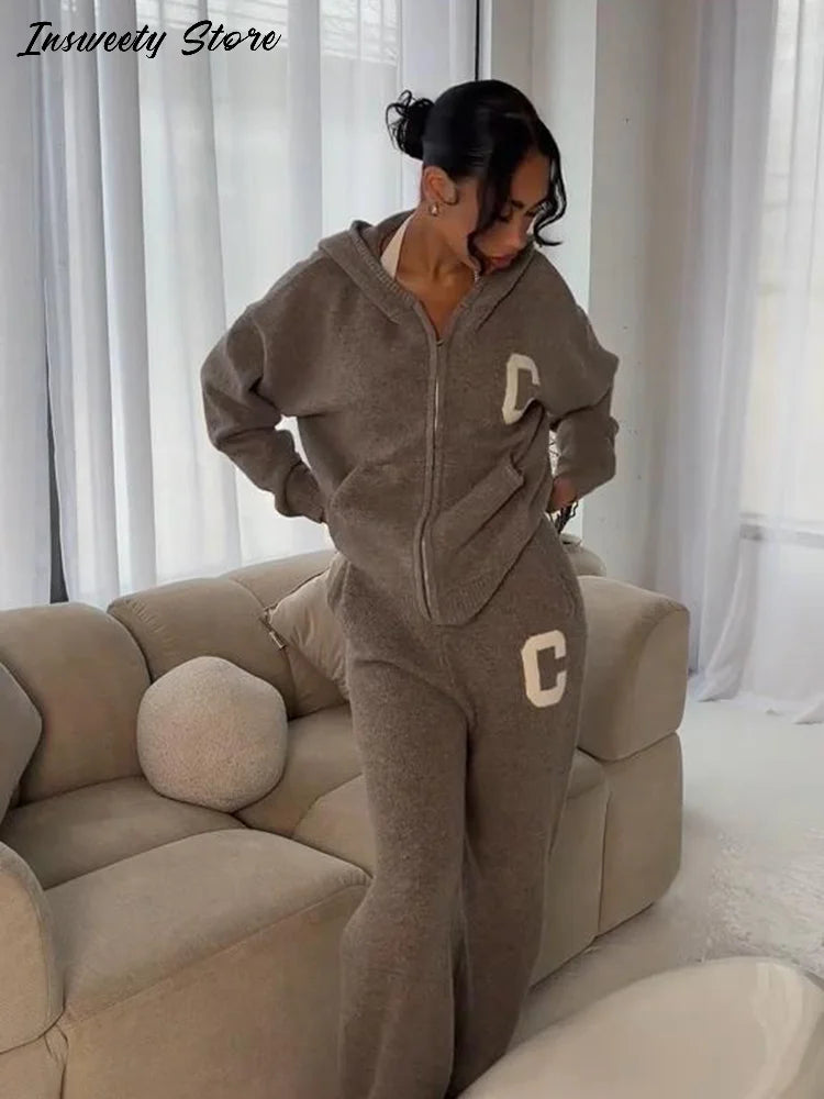 Letter Print Hooded Two Piece Set With Wide Leg Pants for Women