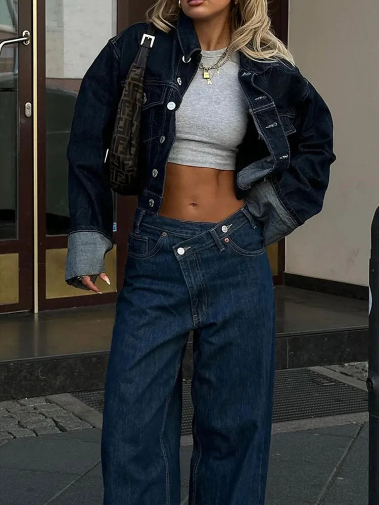 Retro Spliced Street Denim Two Piece Set for Women