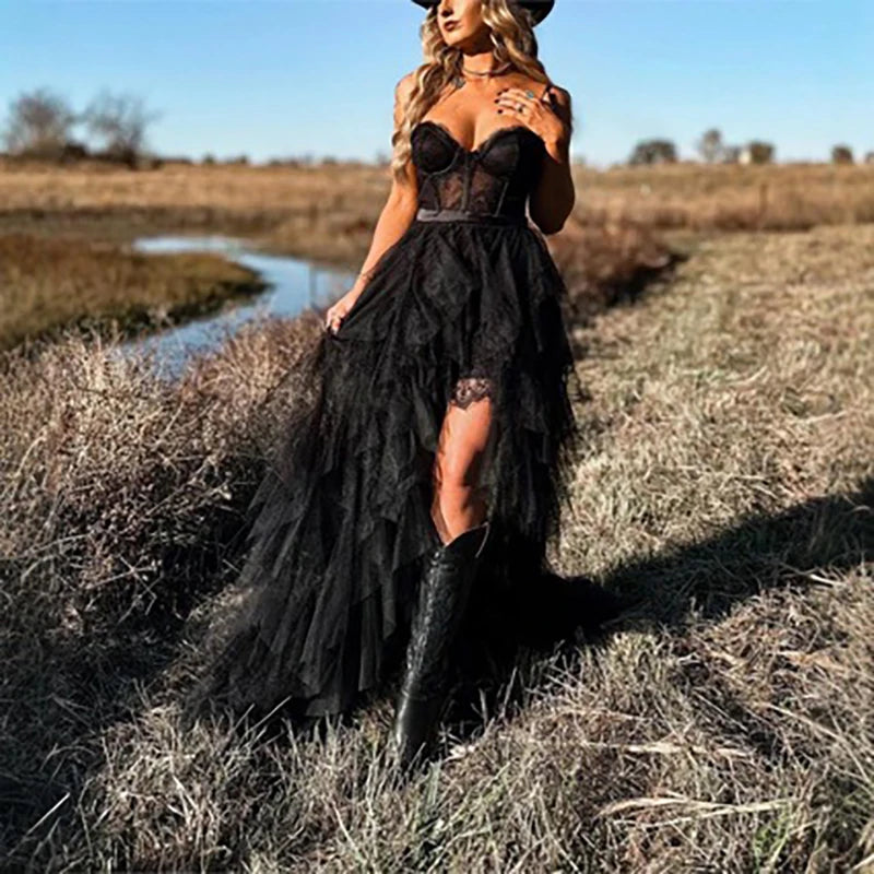 Elegant Strapless Sleeveless Long Dress Sexy Mesh Splicing Solid Color Evening Dress Women Fashion Hight Waist Slim Party Dress