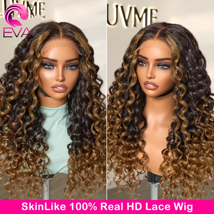 Fluffy Brown Ombre Highlights Water Wave Wig Glueless 5x5 6x6 HD Lace Closure Wigs Curly Human Hair 13x6 HD Lace Frontal Wigs
