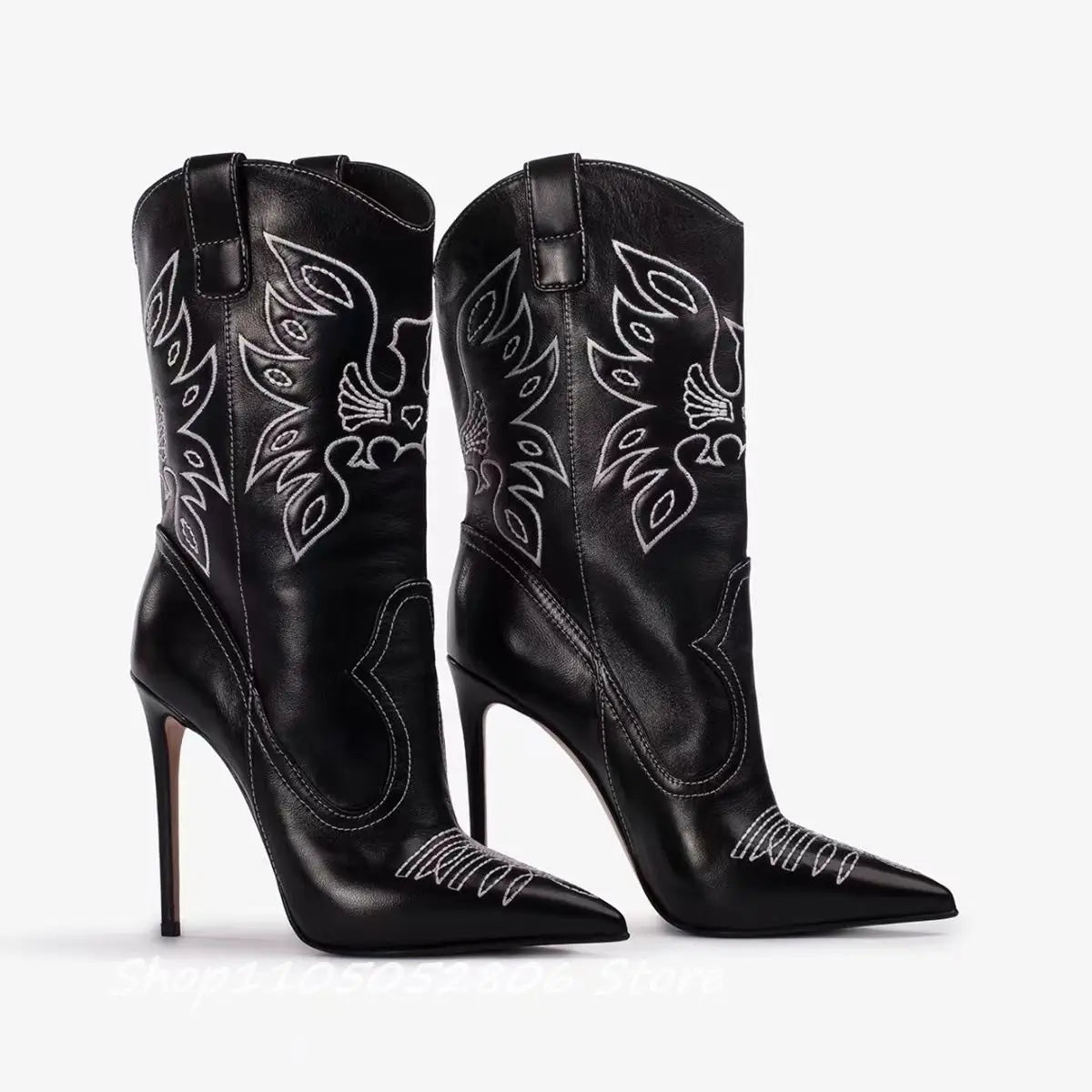 Embroidery Punk Point Toe Mid Calf Boots With Thin Heel For Women