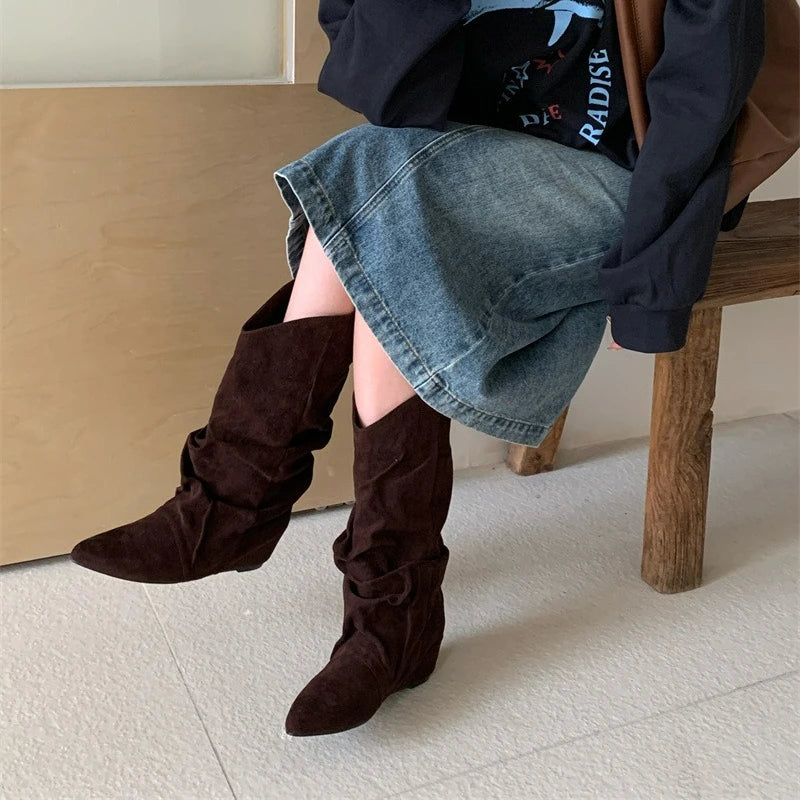 Pleated Pointed Toe Mid Calf Western Boots for Women