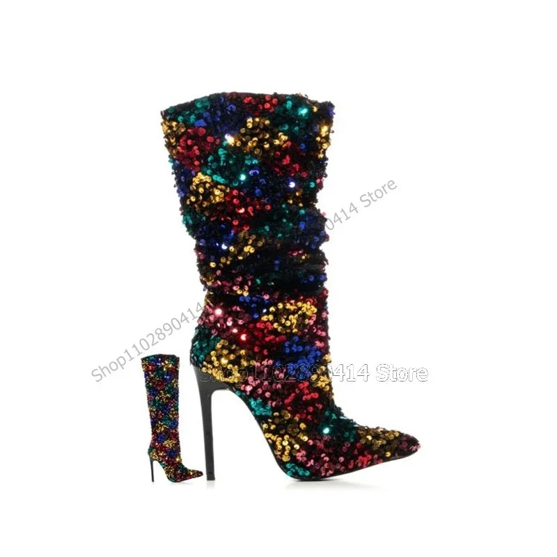 Colorful Pointed Toe Mid Calf Boots With Stiletto Heel for Women